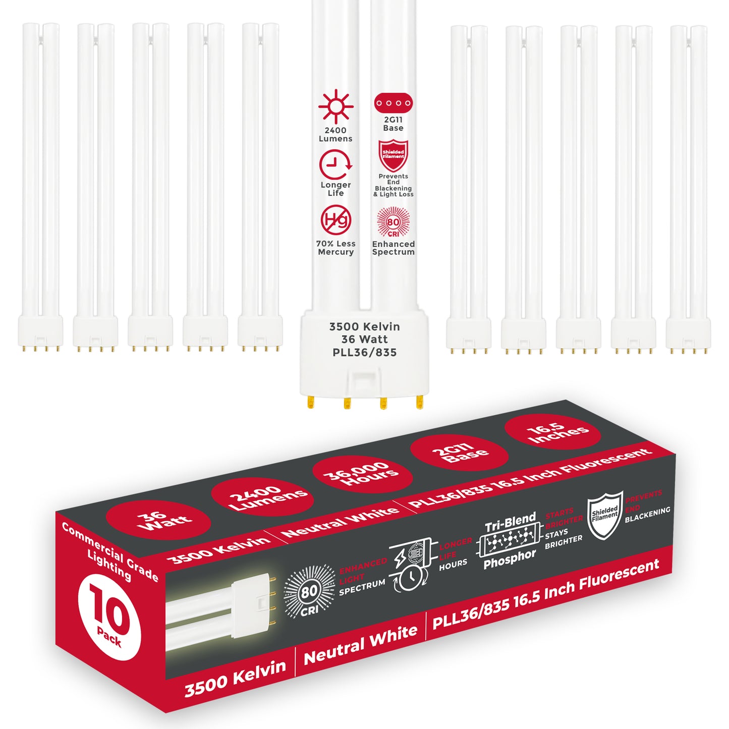PLL36/835 - 36 Watt - 16.5 Inch Twin Tube CFL - 4-pin 2G11 Base - 3500K Neutral White 2400 Lumen - 36,000 Life Hours