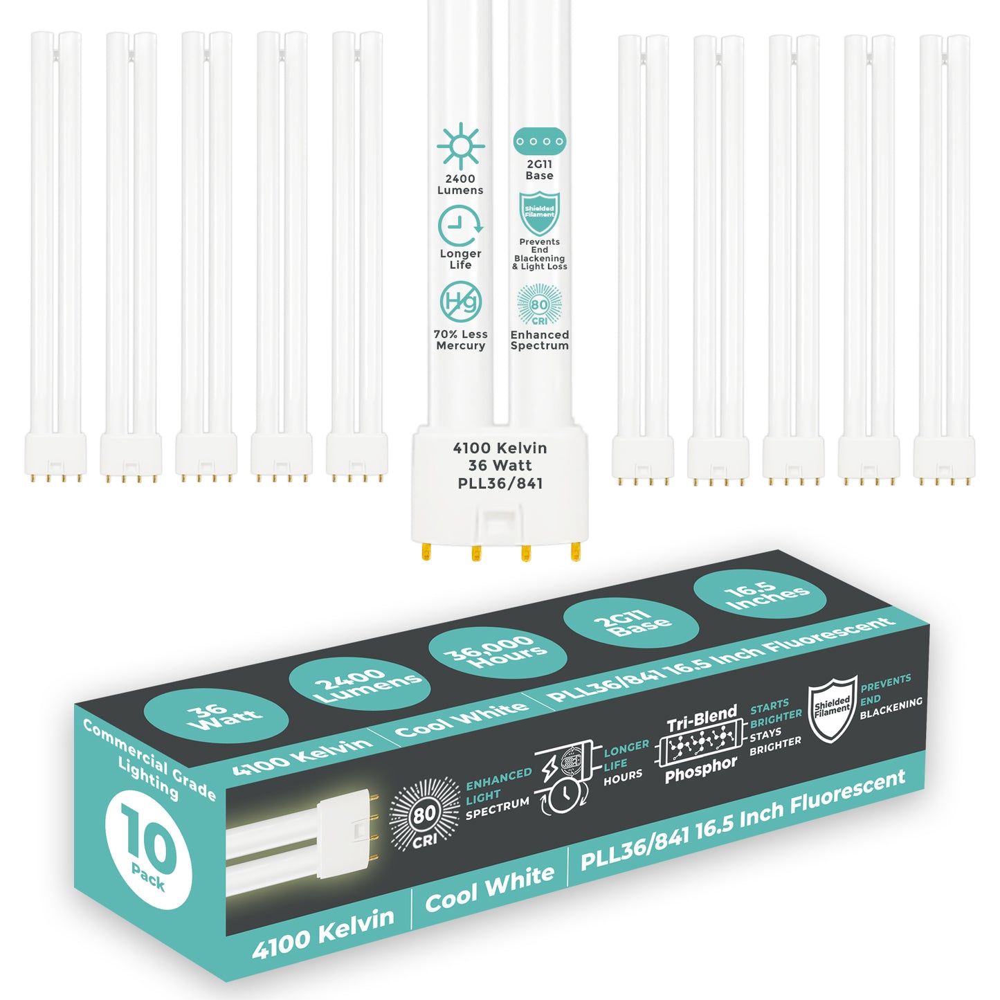 PLL36/841 - 36 Watt - 16.5 Inch Twin Tube CFL - 4-pin 2G11 Base - 4100K Cool White 2400 Lumen - 36,000 Life Hours