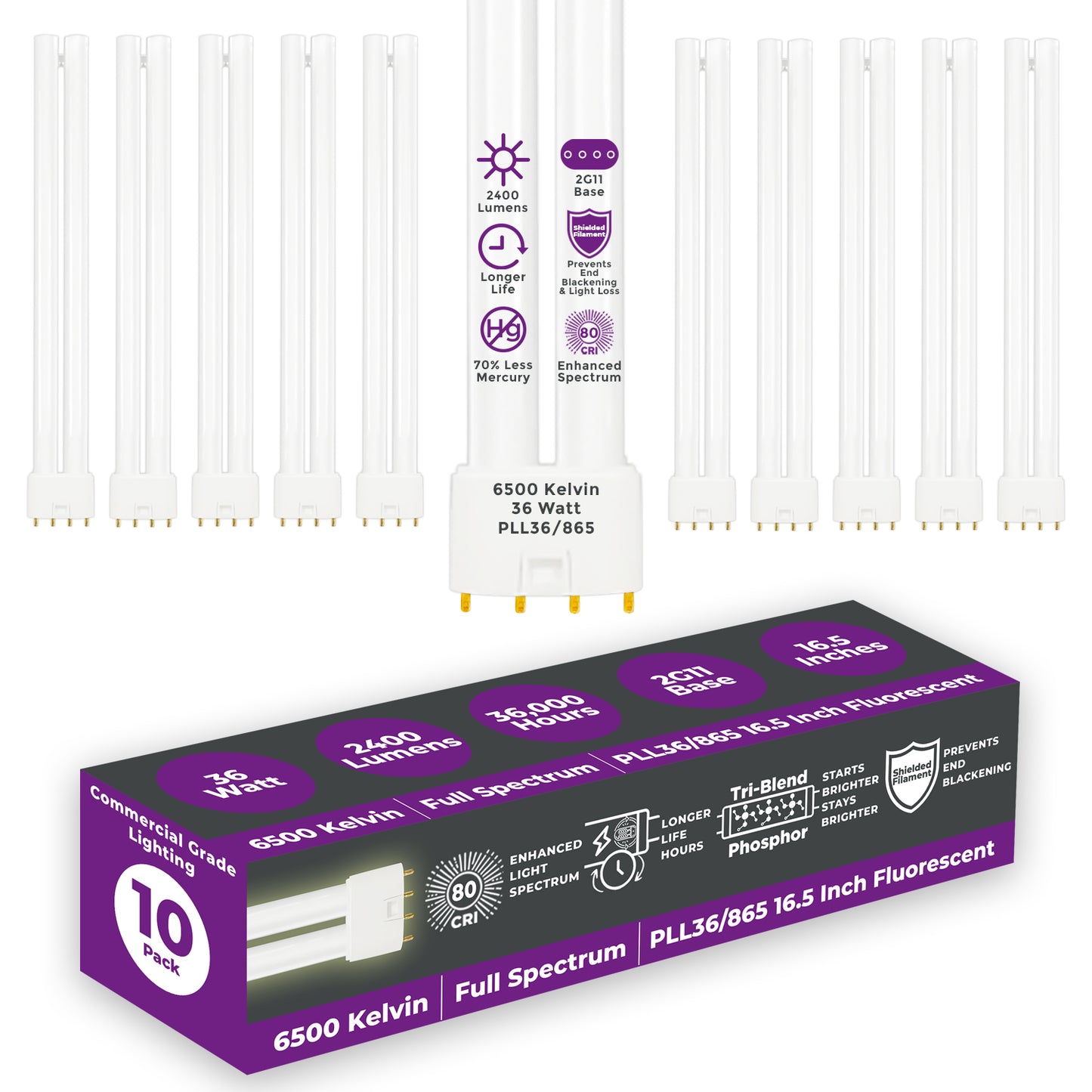 PLL36/865 - 36 Watt - 16.5 Inch Twin Tube CFL - 4-pin 2G11 Base - 6500K Full Spectrum 2400 Lumen - 36,000 Life Hours