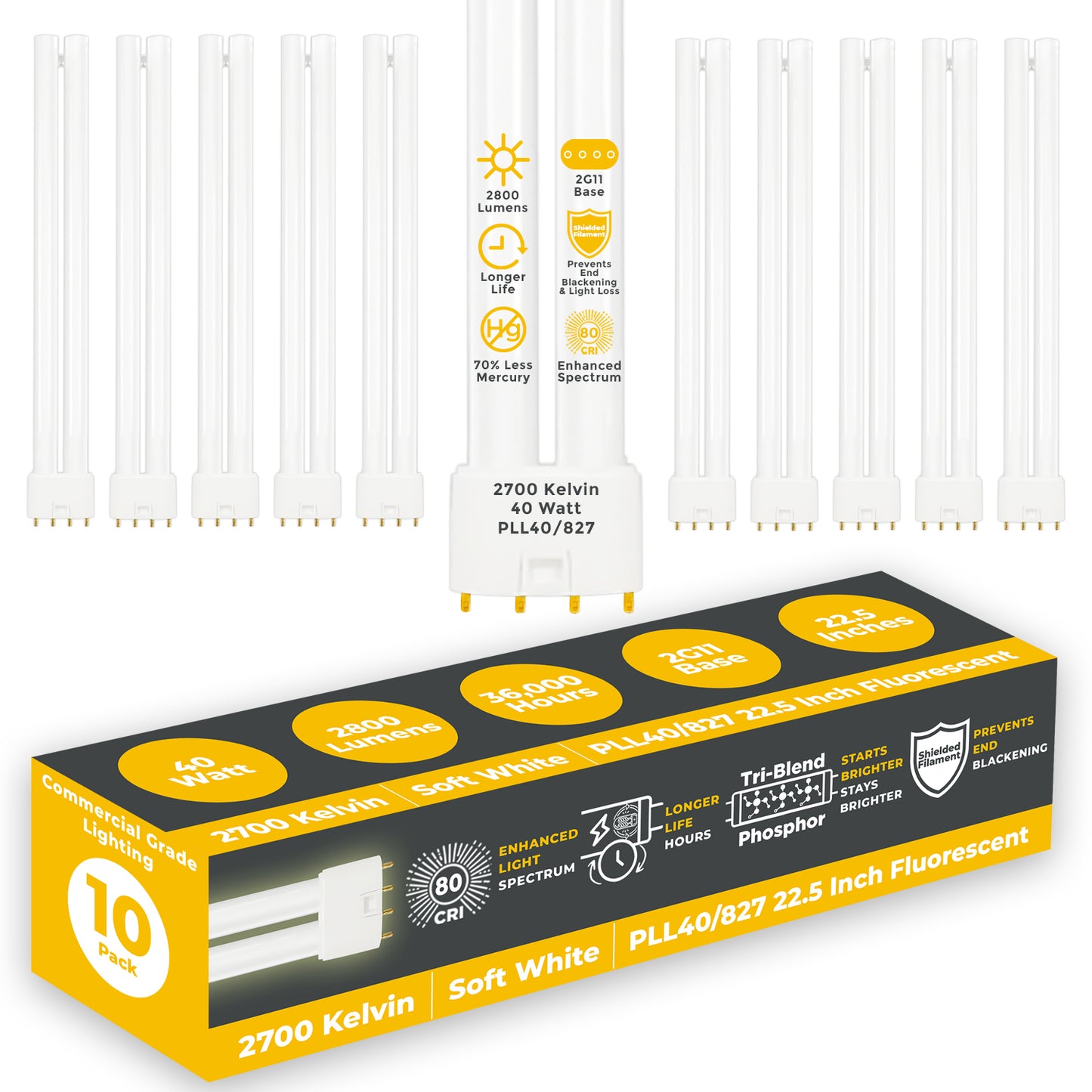 PLL40/827 - 40 Watt - 22.5 Inch Twin Tube CFL - 4-pin 2G11 Base - 2700K Soft White 2800 Lumen - 12000 Life Hours
