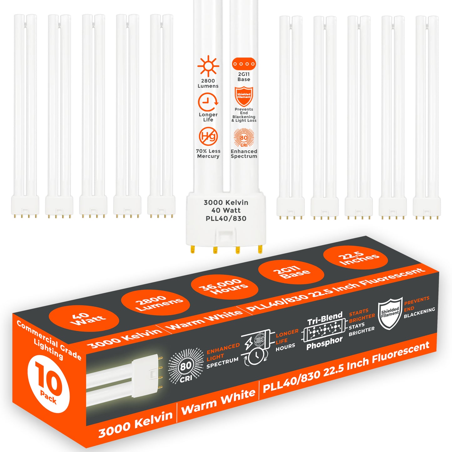 PLL40/830 - 40 Watt - 22.5 Inch Twin Tube CFL - 4-pin 2G11 Base - 3000K Warm White 2800 Lumen - 12000 Life Hours