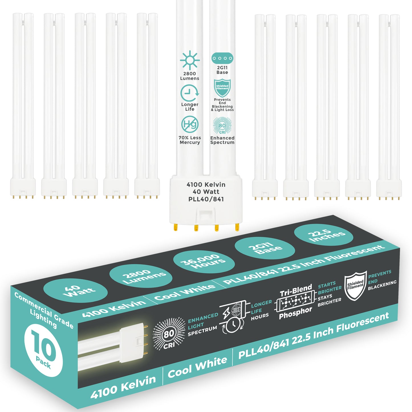 PLL40/841 - 40 Watt - 22.5 Inch Twin Tube CFL - 4-pin 2G11 Base - 4100K Cool White 2800 Lumen - 12000 Life Hours