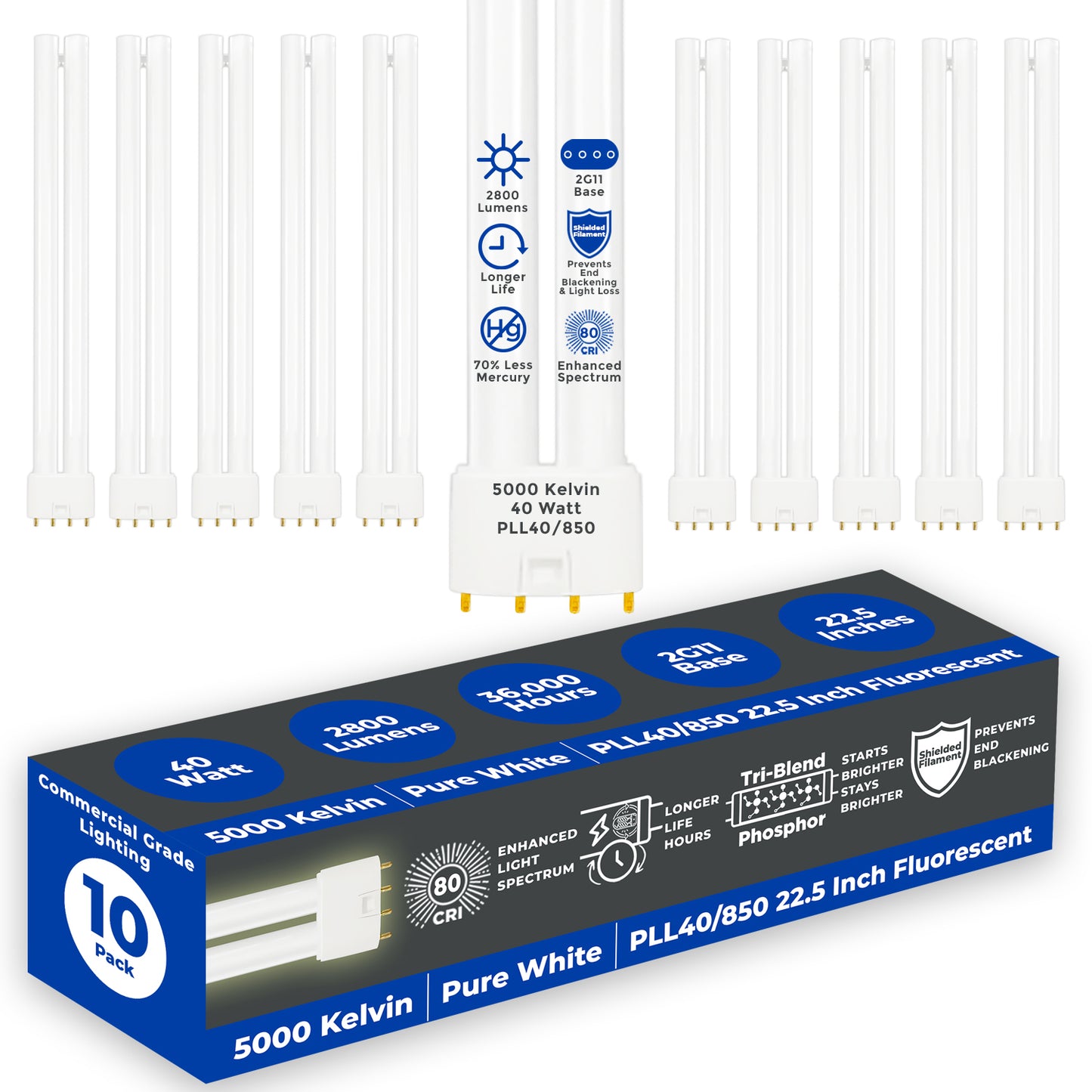 PLL40/850 - 40 Watt - 22.5 Inch Twin Tube CFL - 4-pin 2G11 Base - 5000K Pure White 2800 Lumen - 12000 Life Hours