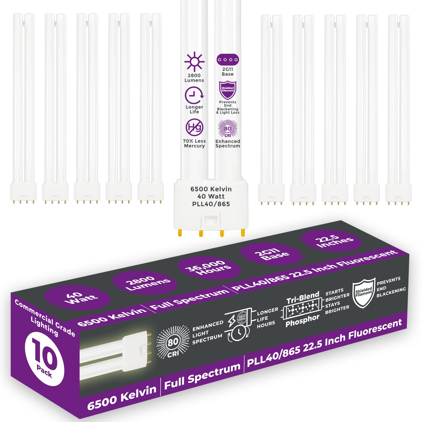PLL40/865 - 40 Watt - 22.5 Inch Twin Tube CFL - 4-pin 2G11 Base - 6500K Full Spectrum 2800 Lumen - 12000 Life Hours
