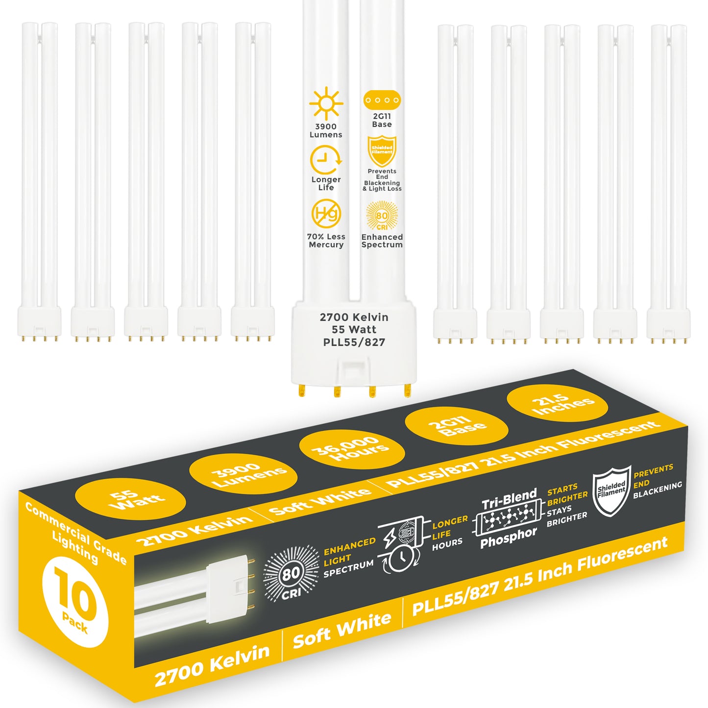 PLL55/827 - 55 Watt - 21.2 Inch Twin Tube CFL - 4-pin 2G11 Base - 2700K Soft White 3,900 Lumen - 36,000 Life Hours