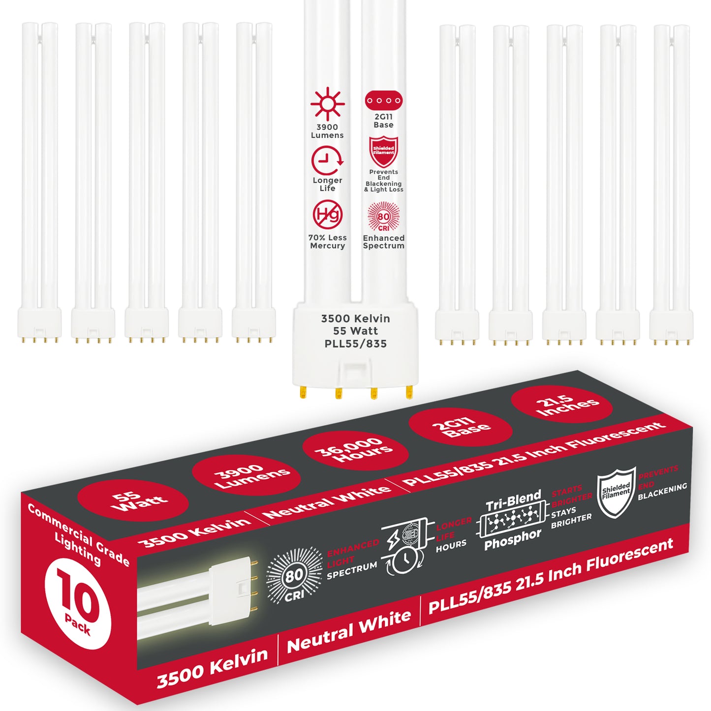 PLL55/835 - 55 Watt - 21.2 Inch Twin Tube CFL - 4-pin 2G11 Base - 3500K Neutral White 3,900 Lumen - 36,000 Life Hours