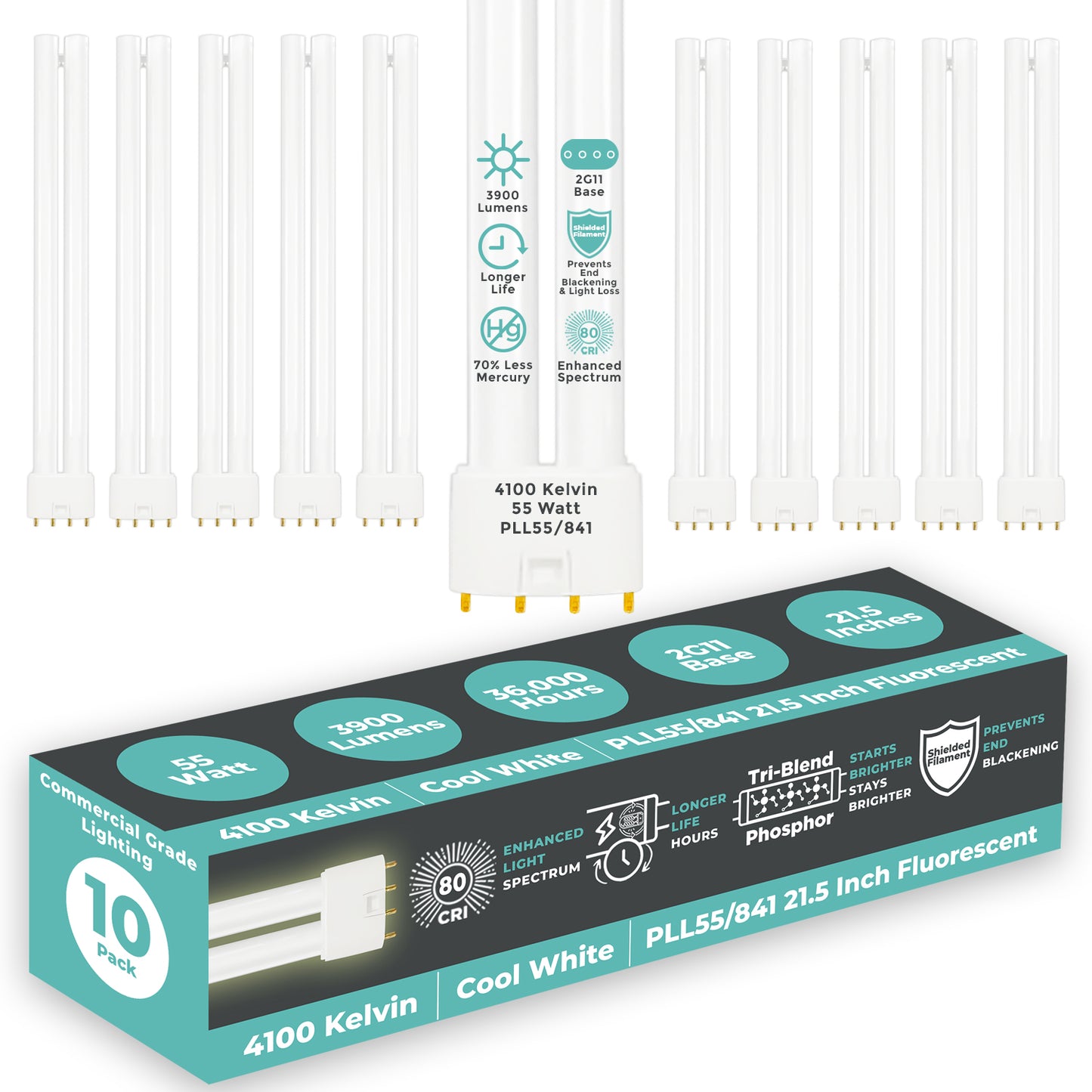 PLL55/841 - 55 Watt - 21.2 Inch Twin Tube CFL - 4-pin 2G11 Base - 4100K Cool White 3,900 Lumen - 36,000 Life Hours