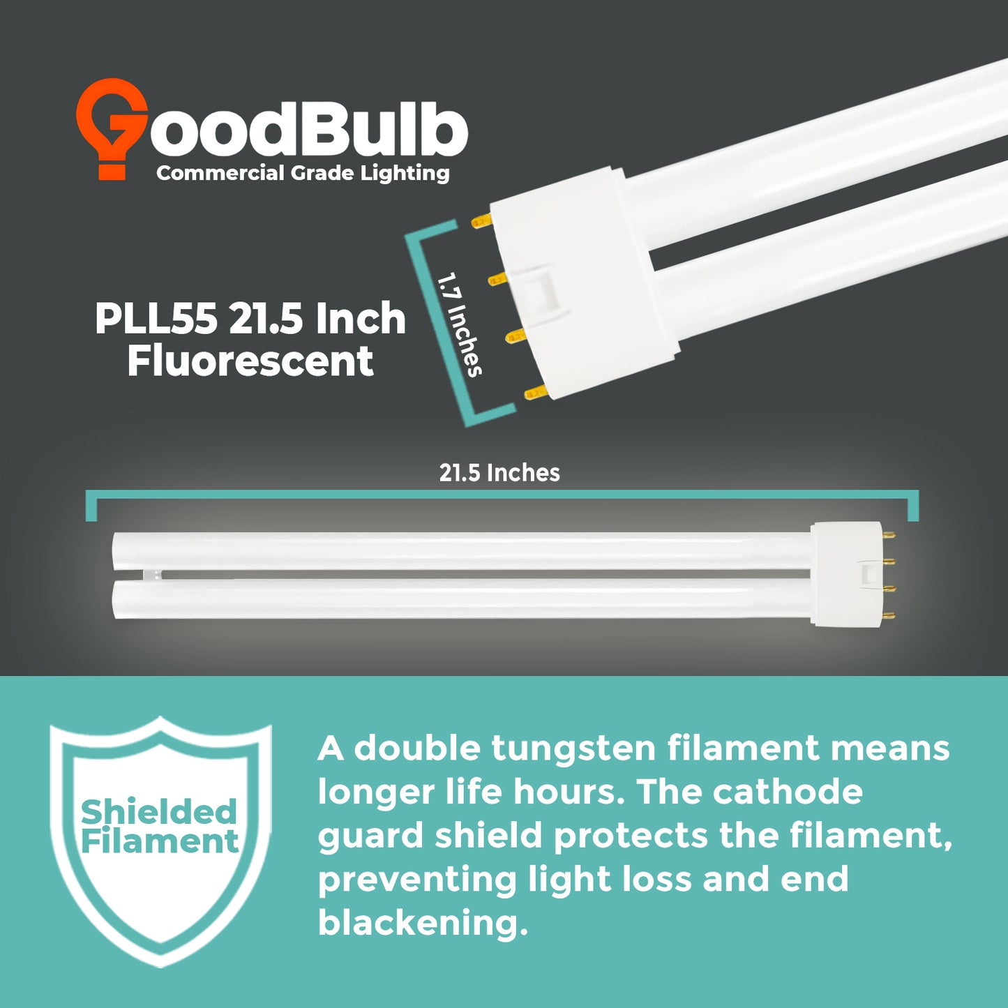 Dimensions of PLL55/841 55W Twin Tube Compact Fluorescent Bulb – Long 4-Pin CFL Lamp for Commercial Lighting Fixtures