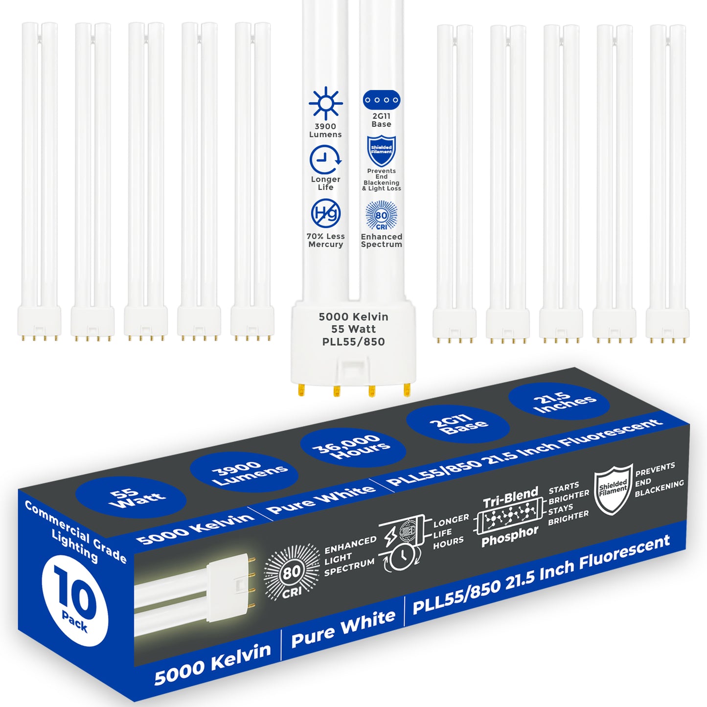 PLL55/850 - 55 Watt - 21.2 Inch Twin Tube CFL - 4-pin 2G11 Base - 5000K Pure White 3,900 Lumen - 36,000 Life Hours