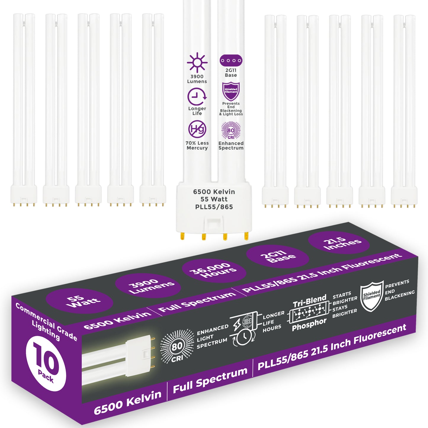 PLL55/865 - 55 Watt - 21.2 Inch Twin Tube CFL - 4-pin 2G11 Base - 6500K Full Spectrum 3,900 Lumen - 36,000 Life Hours