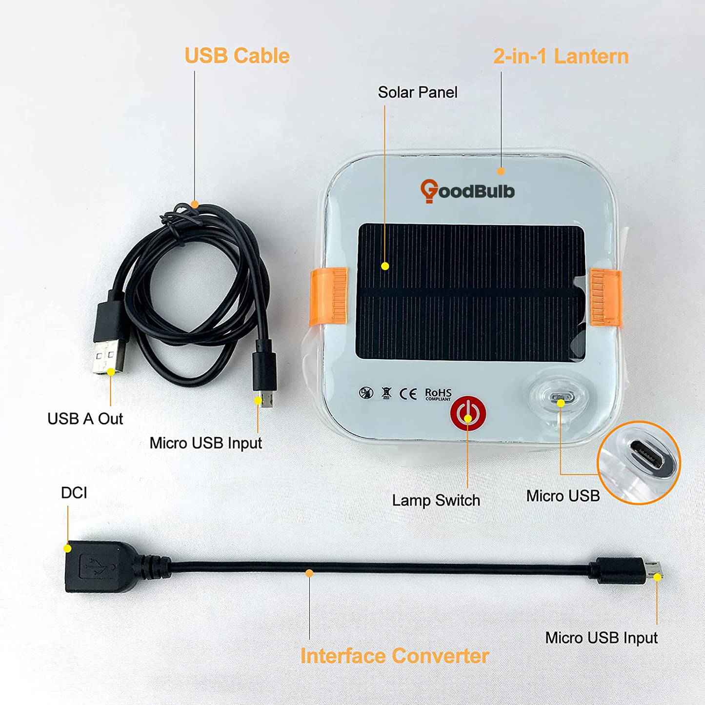 Inflatable Solar portable lantern. Comes with Micro USB and interface converter.