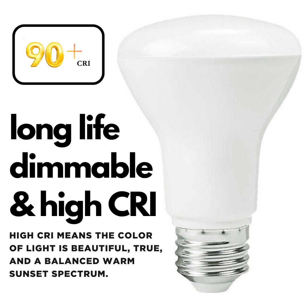 BR20 Reflector LED light bulbs that are dimmable, have a long life, and a high CRI.