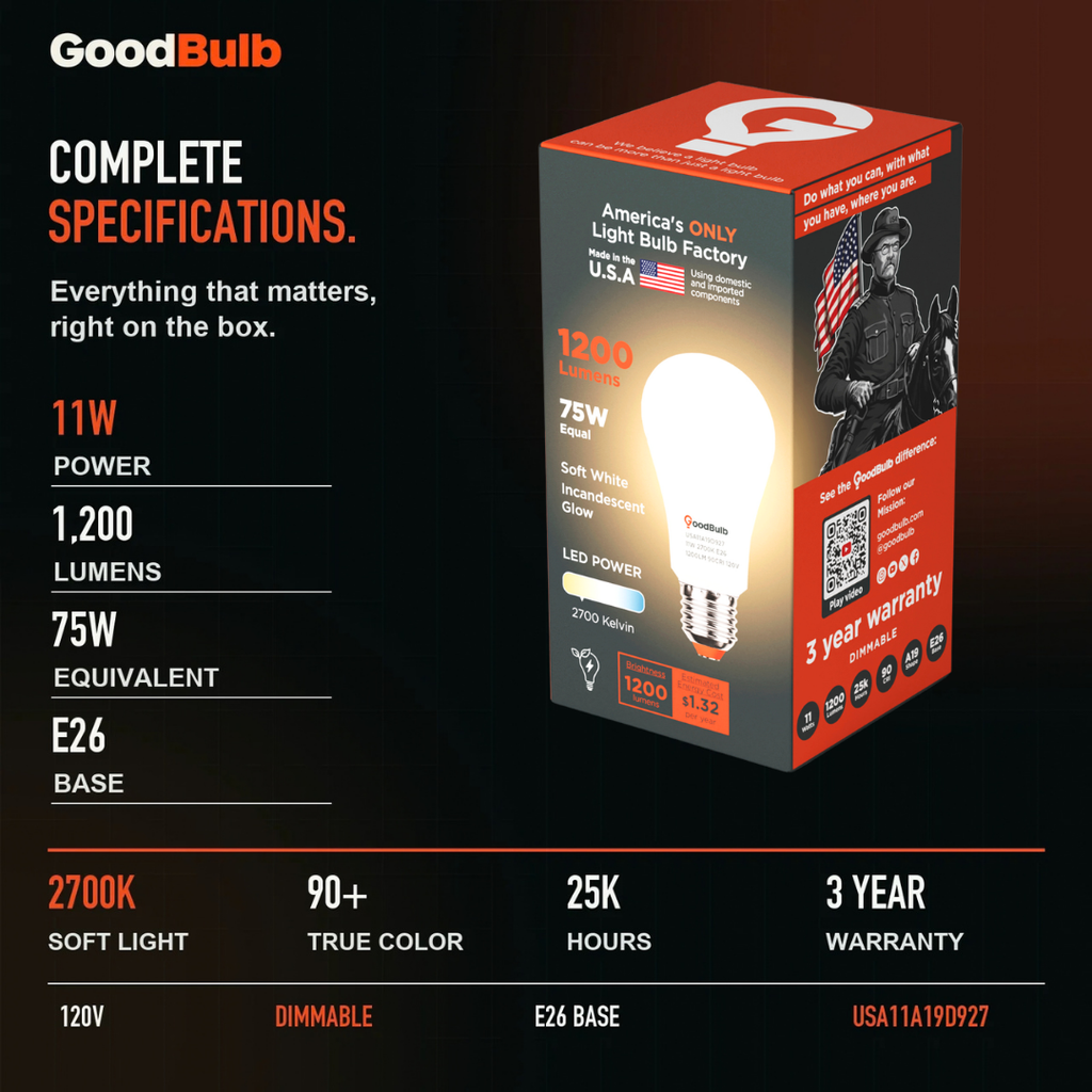 Made in America | 75W Equal | 1200 Lumens | LED A19 SOFT WHITE 2700K True-To-Life Color