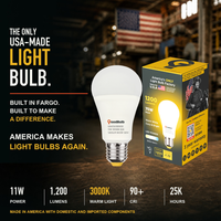 Made in America | 75W Equal | 1200 Lumens | LED A19 WARM WHITE 3000K Warm, With More Light