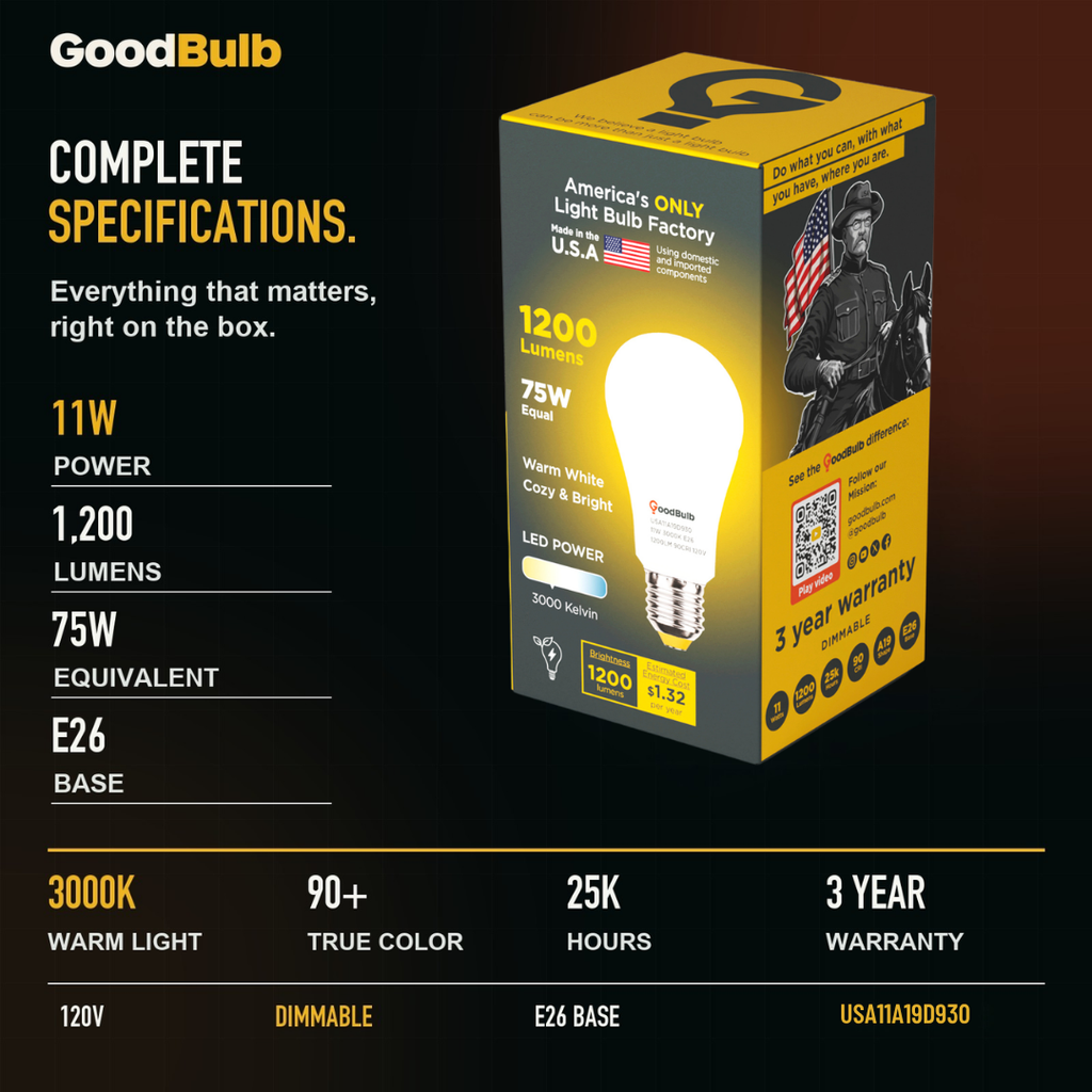 Made in America | 75W Equal | 1200 Lumens | LED A19 WARM WHITE 3000K Warm, With More Light