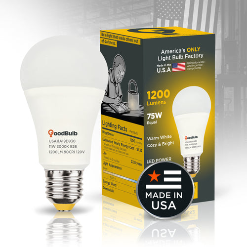 Made in America | 75W Equal | 1200 Lumens | LED A19 WARM WHITE 3000K Warm, With More Light