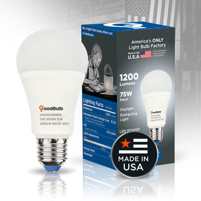 Made in America | 75W Equal | 1200 Lumens | LED A19 DAYLIGHT 5000K Bright, True Daylight