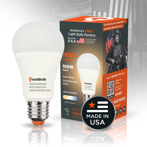 Made in America | 100W Equal | 1600 Lumens | LED A19 SOFT WHITE 2700K True-To-Life Color