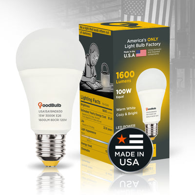 Made in America | 100W Equal | 1600 Lumens | LED A19 WARM WHITE 3000K Warm, With More Light