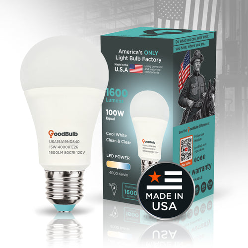 Made in America | 100W Equal | 1600 Lumens | LED A19 COOL WHITE 4000K Clean, Neutral White