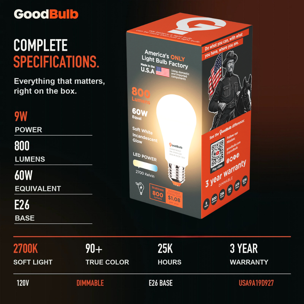Made in America | 60W Equal | 800 Lumens | LED A19 SOFT WHITE 2700K True-To-Life Color