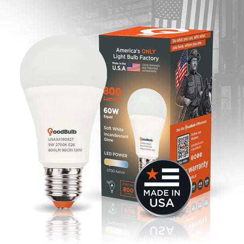 Made in America | 60W Equal | 800 Lumens | LED A19 SOFT WHITE 2700K True-To-Life Color