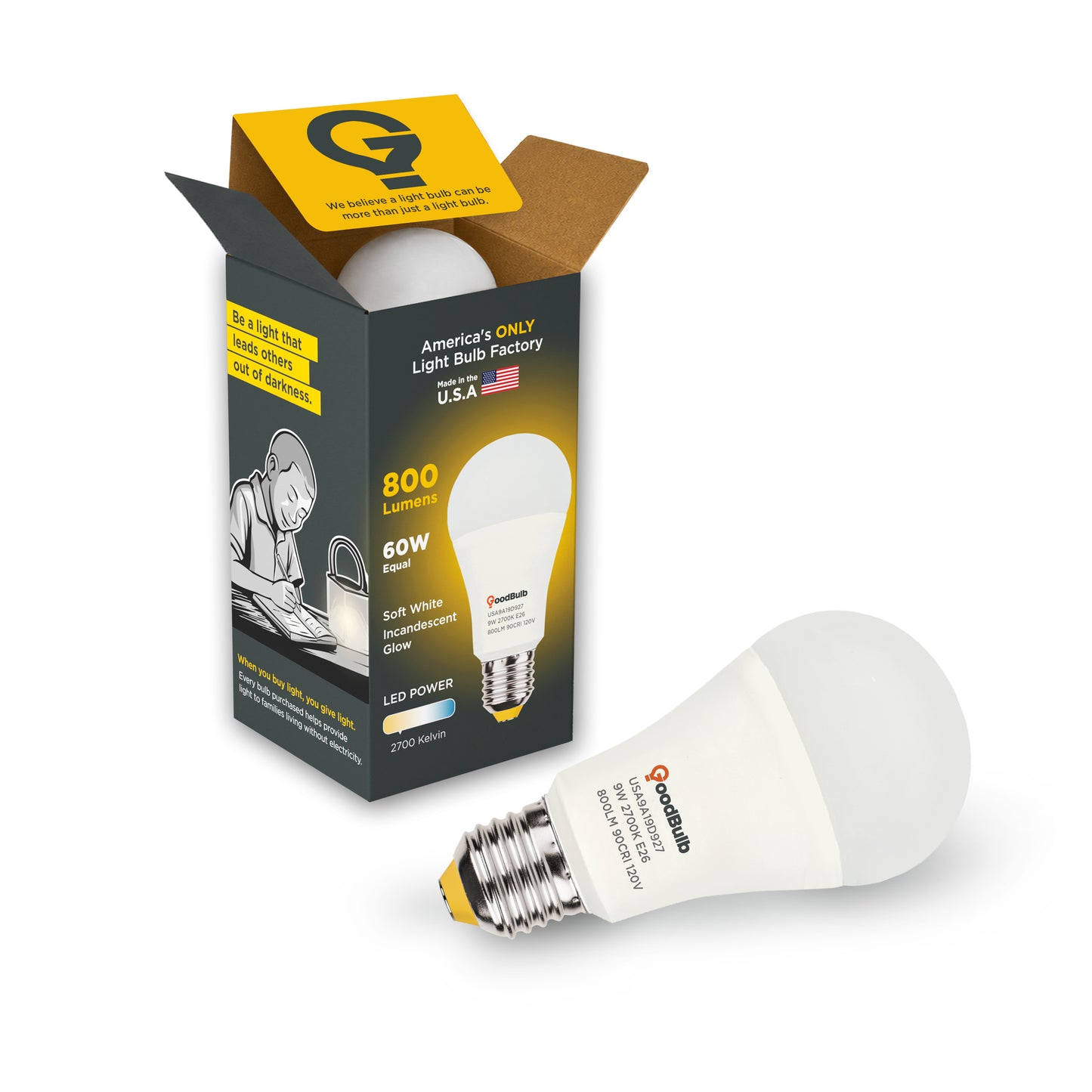 America's Only LED A19 2700K Light Bulb - Dimmable, 60 Watt Replacement<br>Soft Warm Light, True-to-Life Color, Built to Last - Made in the USA