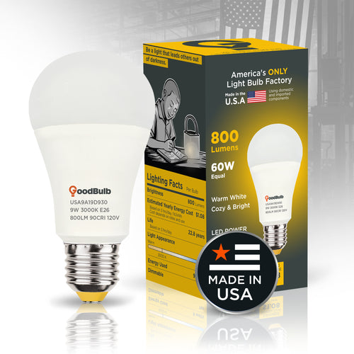 Made in America | 60W Equal | 800 Lumens | LED A19 WARM WHITE 3000K Warm, With More Light
