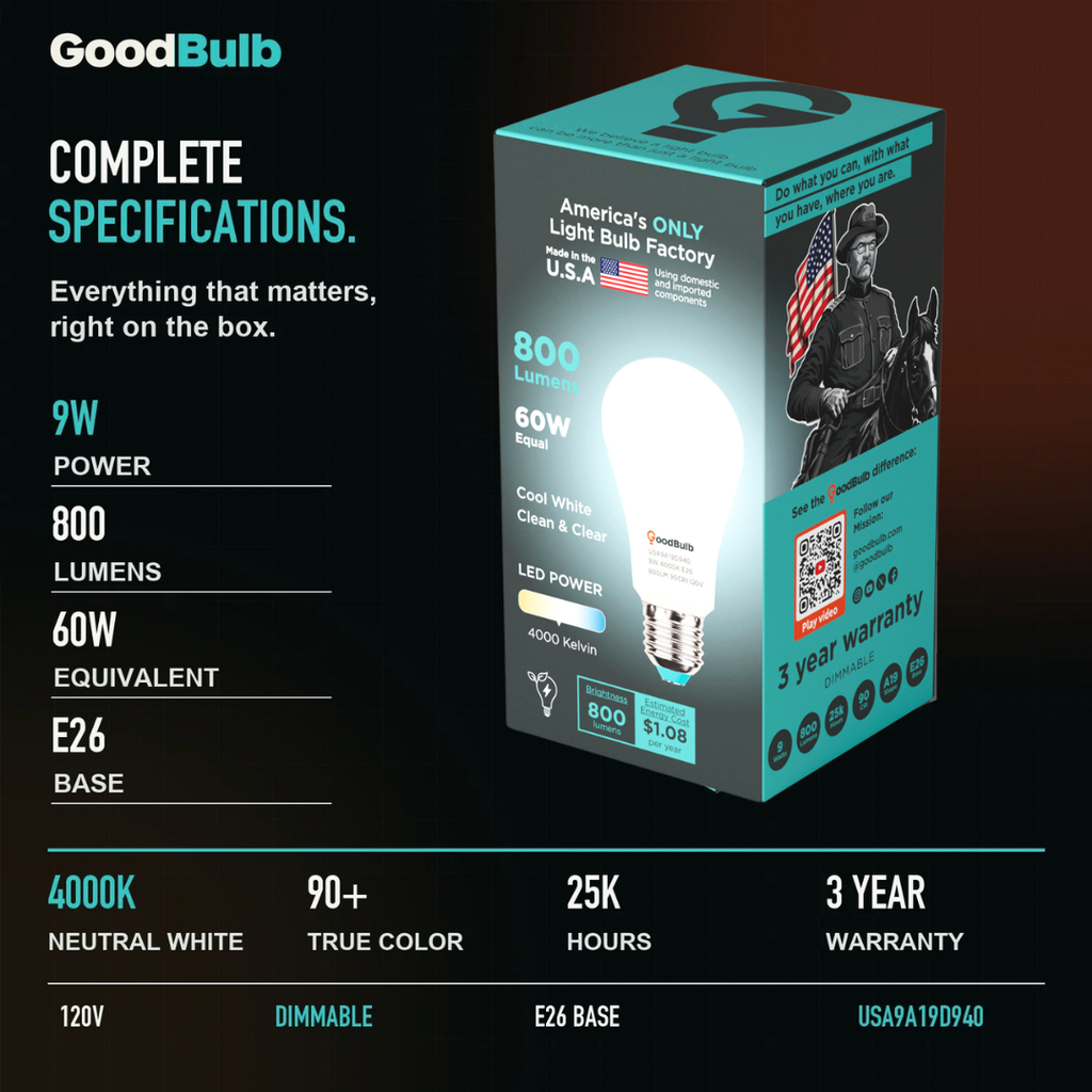 Made in America | 60W Equal | 800 Lumens | LED A19 COOL WHITE 4000K Clean, Neutral White