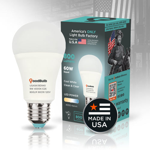 Made in America | 60W Equal | 800 Lumens | LED A19 COOL WHITE 4000K Clean, Neutral White