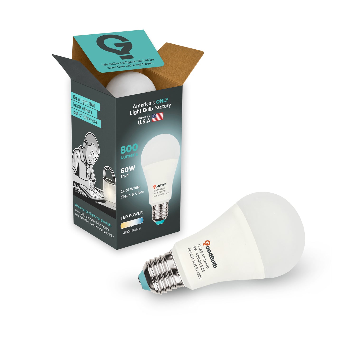 America's Only LED A19 4000K Light Bulb - Dimmable, 60 Watt Replacement<br>Clean Balanced Light, True-to-Life Color, Built to Last - Made in the USA