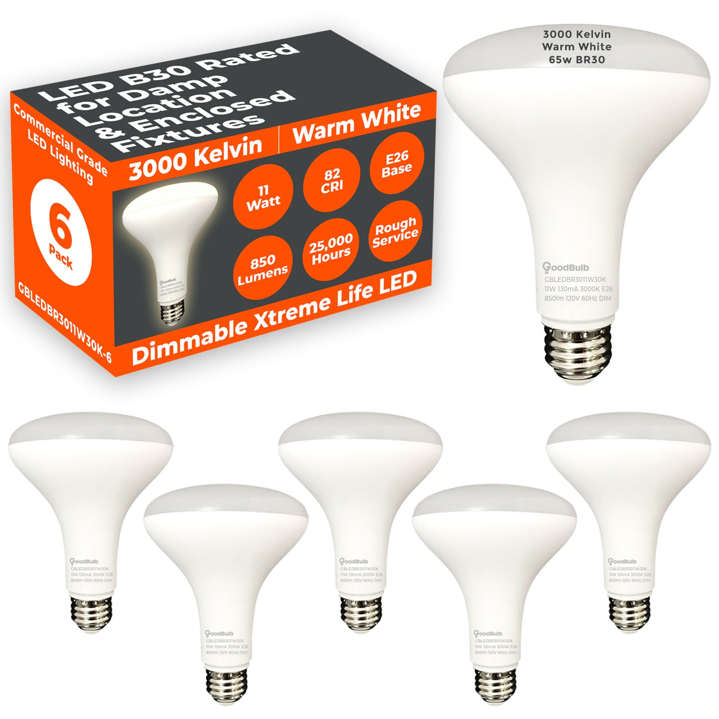 65w BR30 UPGRADE - 11 WATT DIMMABLE LED Reflector - 82 CRI - SUNRISE WARM WHITE - 850 LUMENS - 3000 KELVIN - ROUGH SERVICE - 25,000 HOURS & 5 YEAR