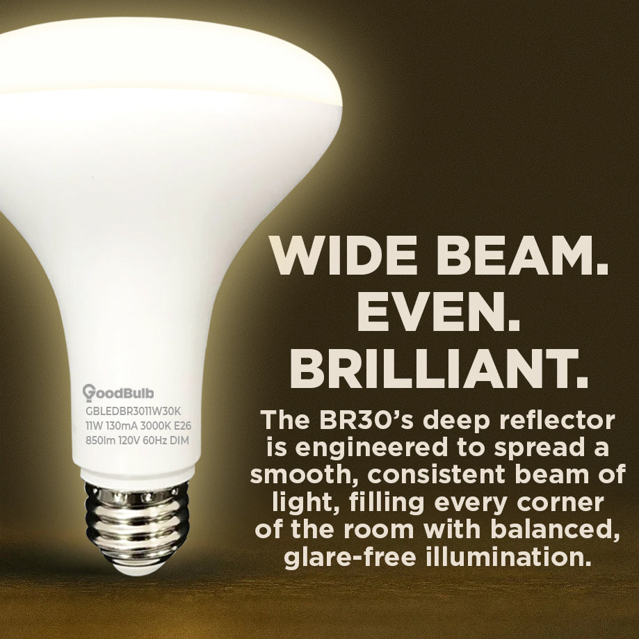 65w BR30 UPGRADE - 11 WATT DIMMABLE LED Reflector - 82 CRI - SUNRISE WARM WHITE - 850 LUMENS - 3000 KELVIN - ROUGH SERVICE - 25,000 HOURS & 5 YEAR