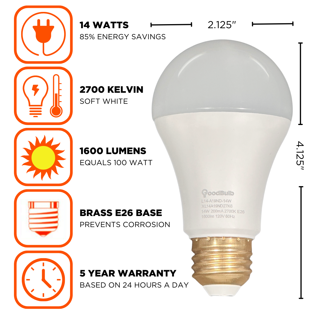 14 watt Extreme life rough service LED A19 light bulb with incandescent illumination. Emitting at 1600 lumens, and 2700 kelvin. 