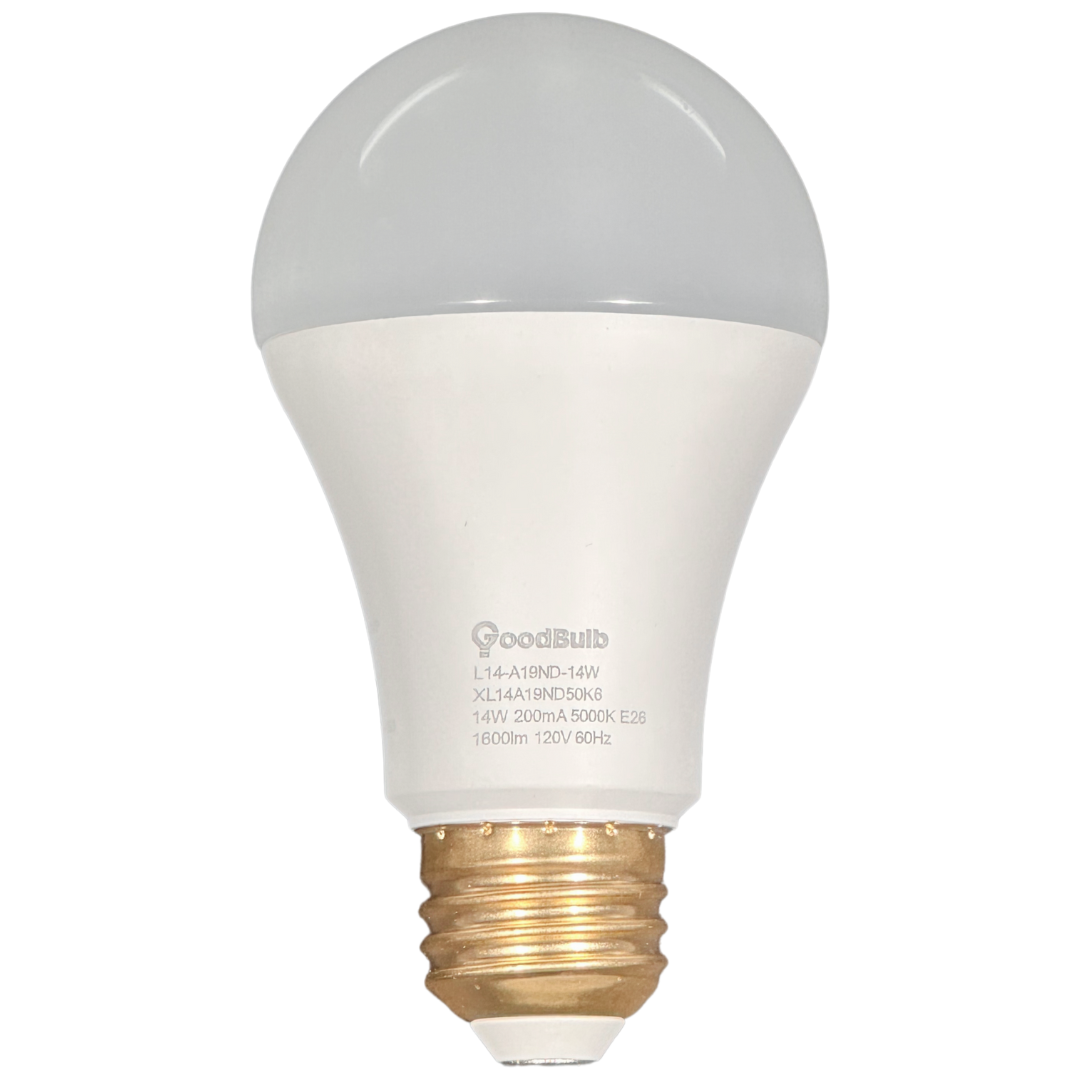 14 watt rough service LED A19 with pure white light illumination.