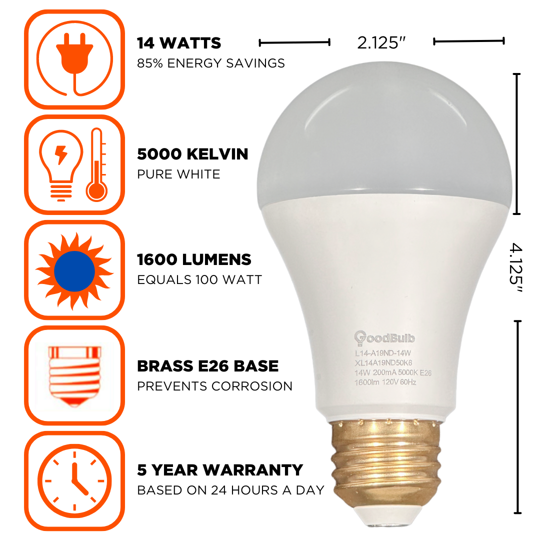 Euri Lighting A19 LED Bulb | 14W Equivalent To 100W, Dimmable, 5000K Daylight, E26 Base