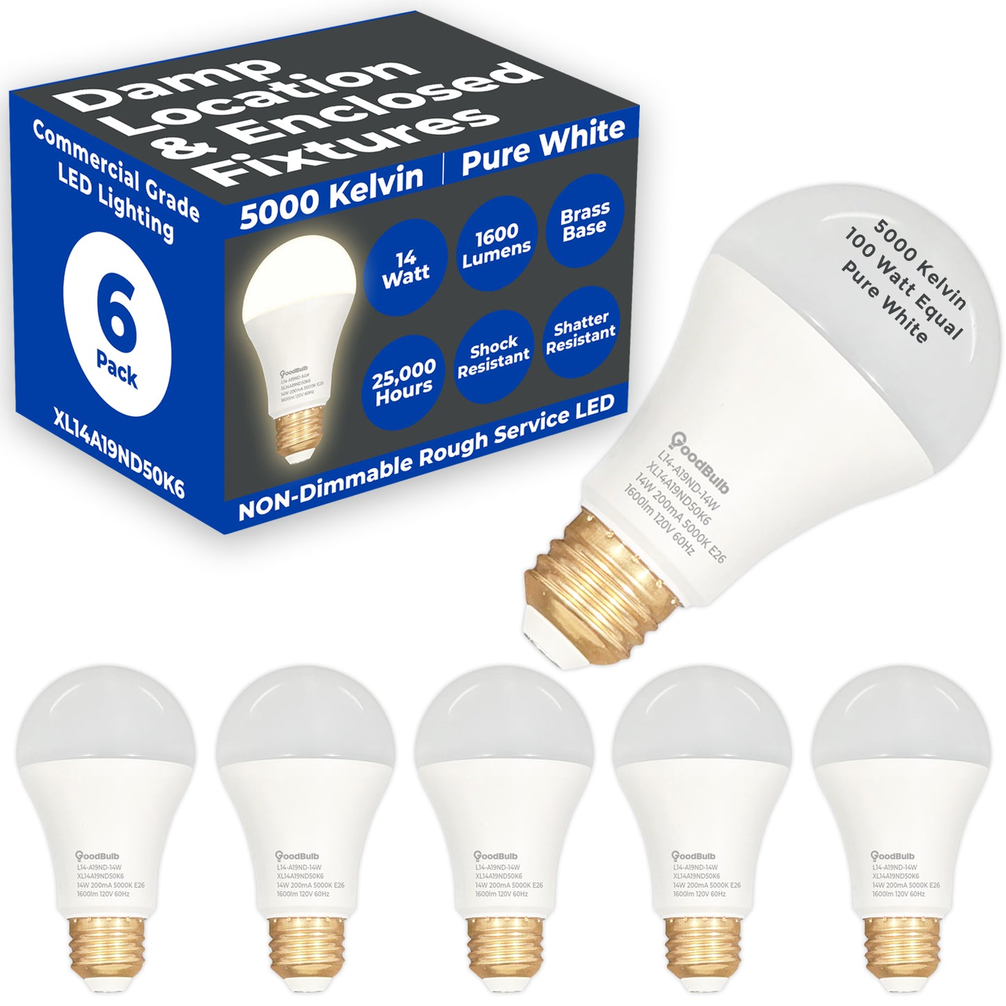 Side view of XL14A19ND50K6 LED A19 bulb with frosted finish and medium E26 base