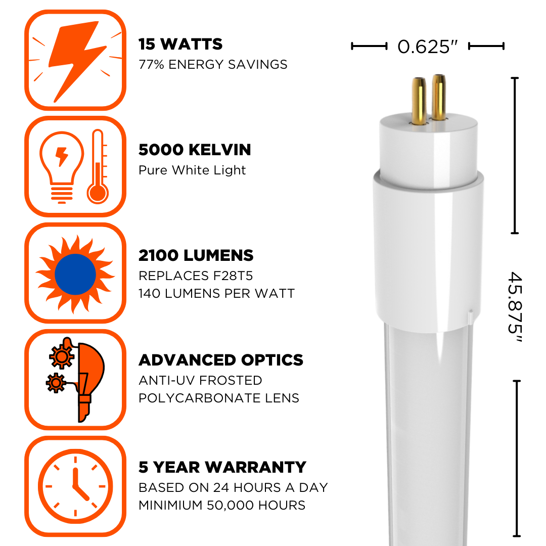 Platinum white light Mercury free T5 LED tube with 2100 Lumens and advanced optics.