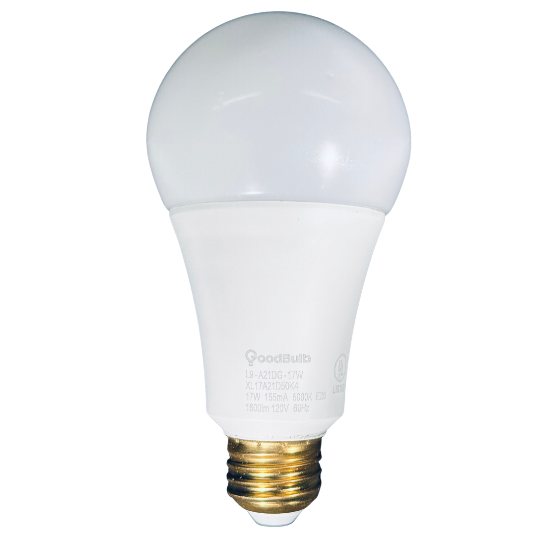 GoodBulb's platinum white light dimmable A19 light bulbs.