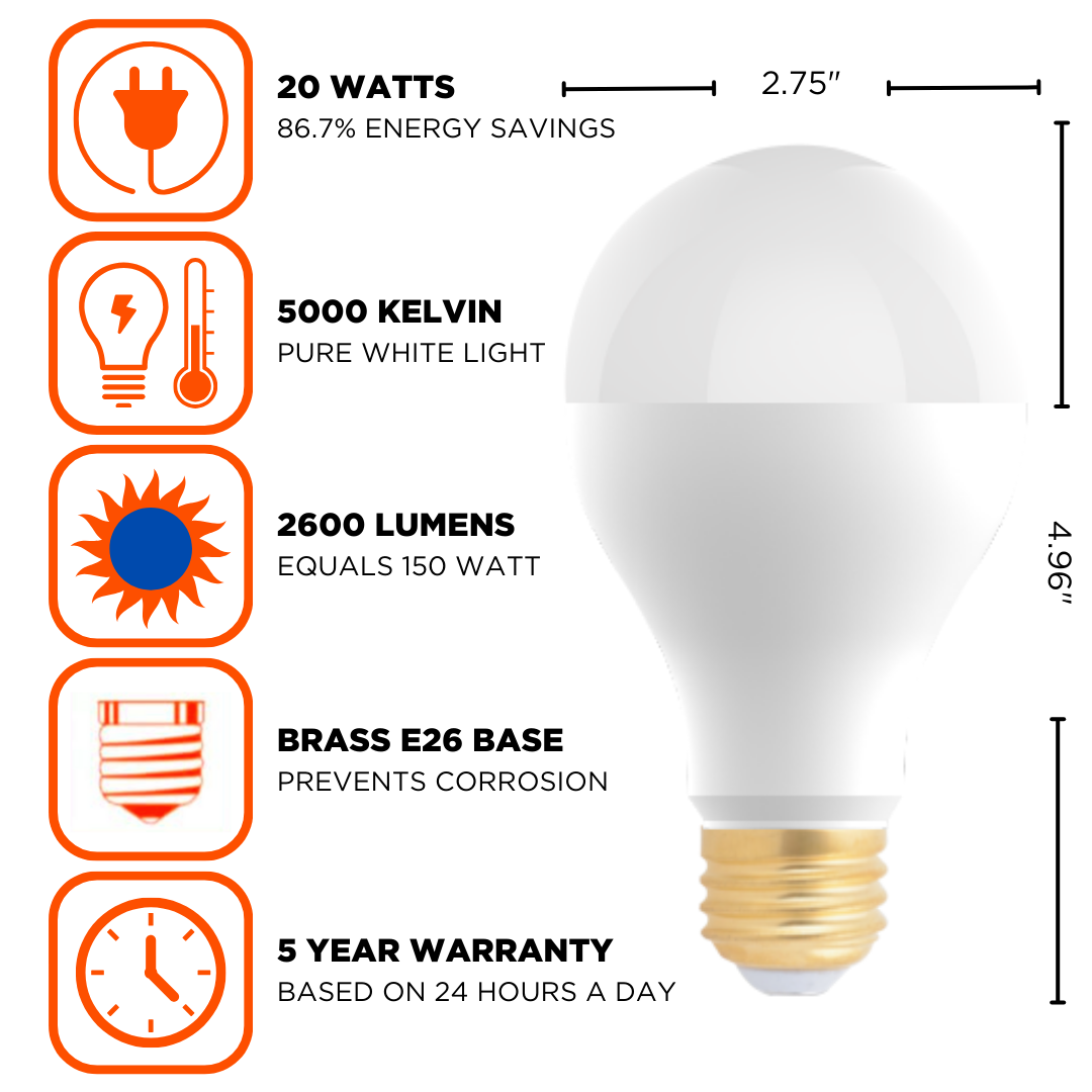 150 WATT UPGRADE - 20 WATT DIMMABLE A Shape - ROUGH SERVICE LEDS - PLATINUM PURE WHITE LIGHT - 2600 LUMENS - 5000 KELVIN - 25,000 HOURS & 5 YEAR WARRANTY