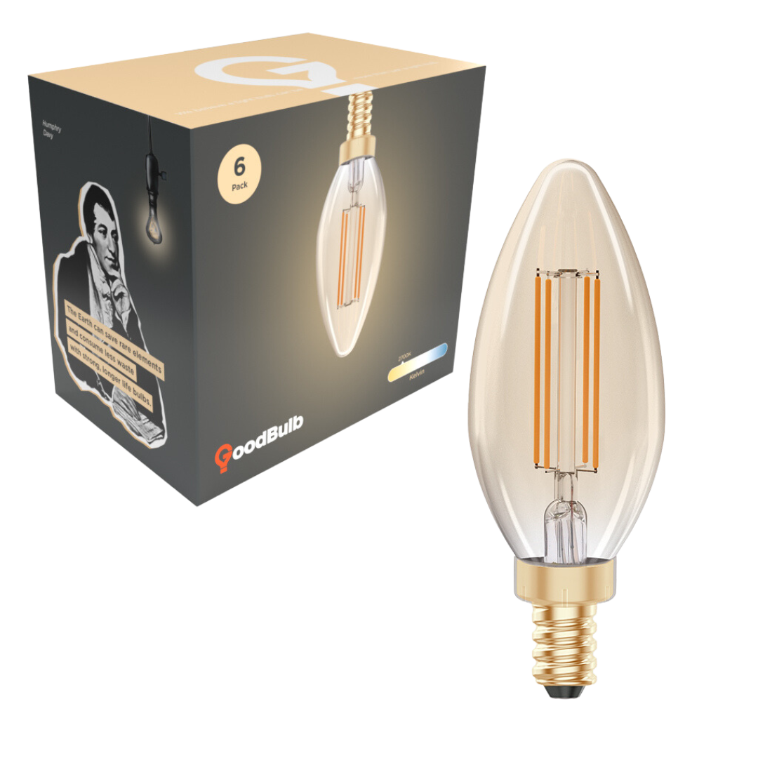 Antique design E12 LED chandelier light bulbs with golden amber glow.