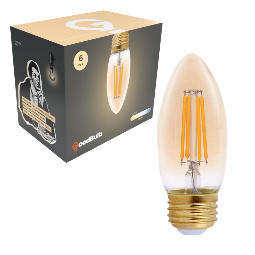 Crystal LED E12 light bulb for Chandeliers. Has a retro style and emits a incandescent sparkle showcasing box.