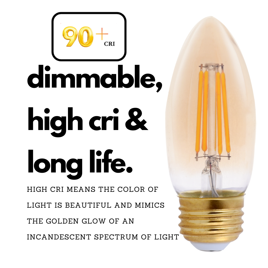 Antique style E26 LED light bulb for Chandeliers. This bulb emits a beautiful amber glow and is dimmable with a long life.