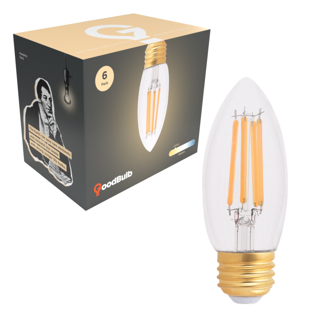 E26 crystal LED light bulb made for Chandeliers. High CRI that emits a incandescent glow. showcasing box in the background.
