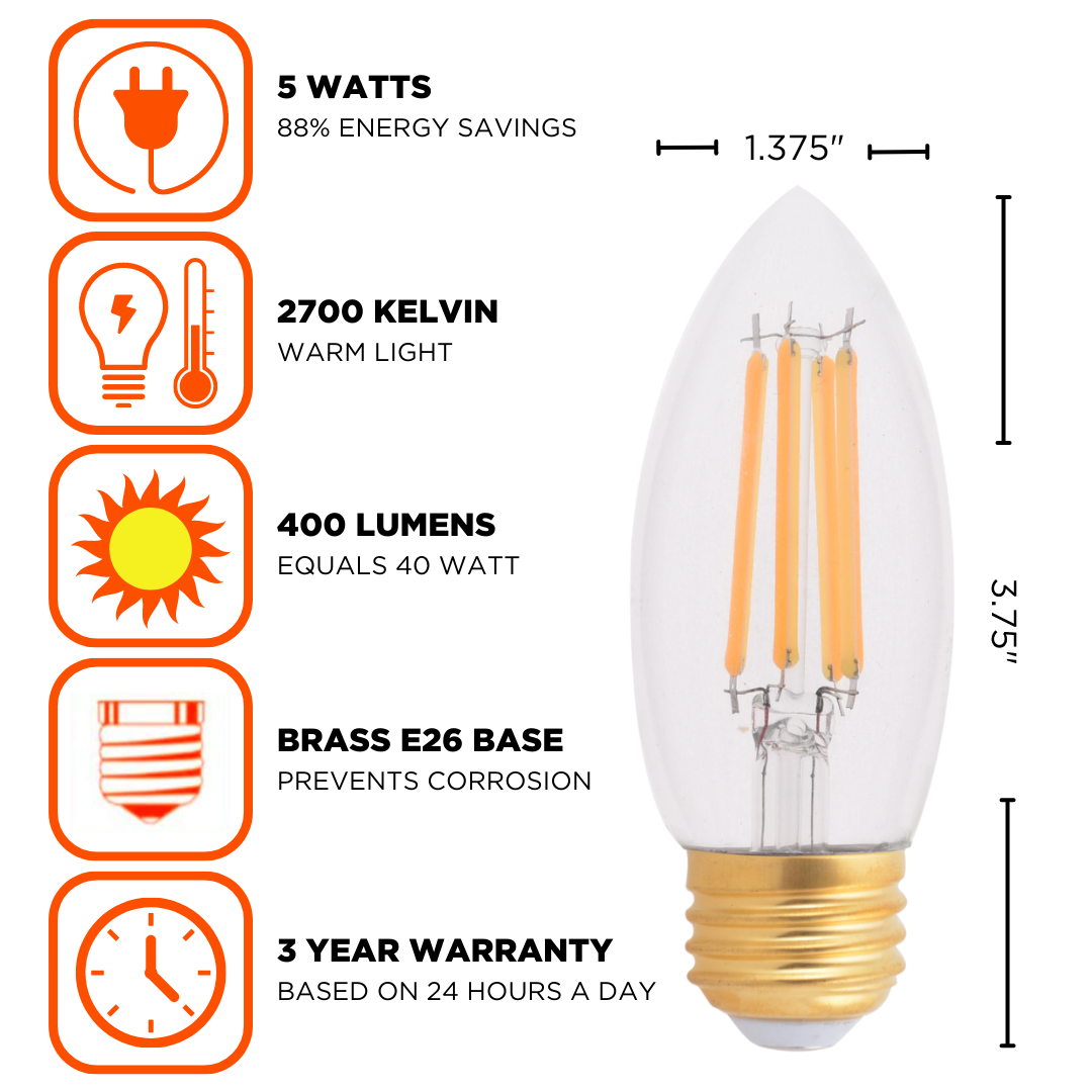 E26 crystal LED light bulb made for Chandeliers. High CRI that emits a incandescent glow. Emitting 400 lumens and has a brass E26 base.