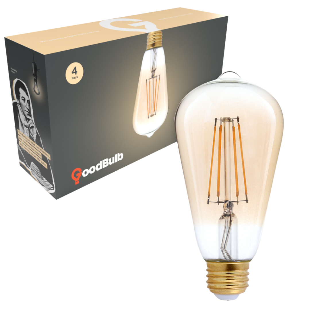 Antique Design LED light bulbs with a golden amber glow showcasing box.
