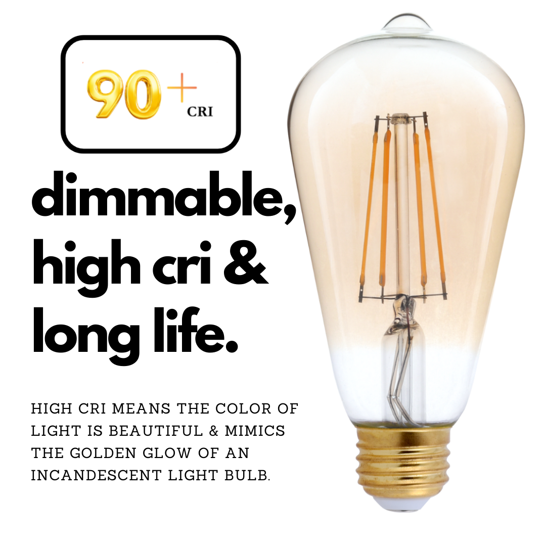 High CRI 2200K long-life LEDs. Antique design with a golden amber glow. Dimmable LED with a long life.