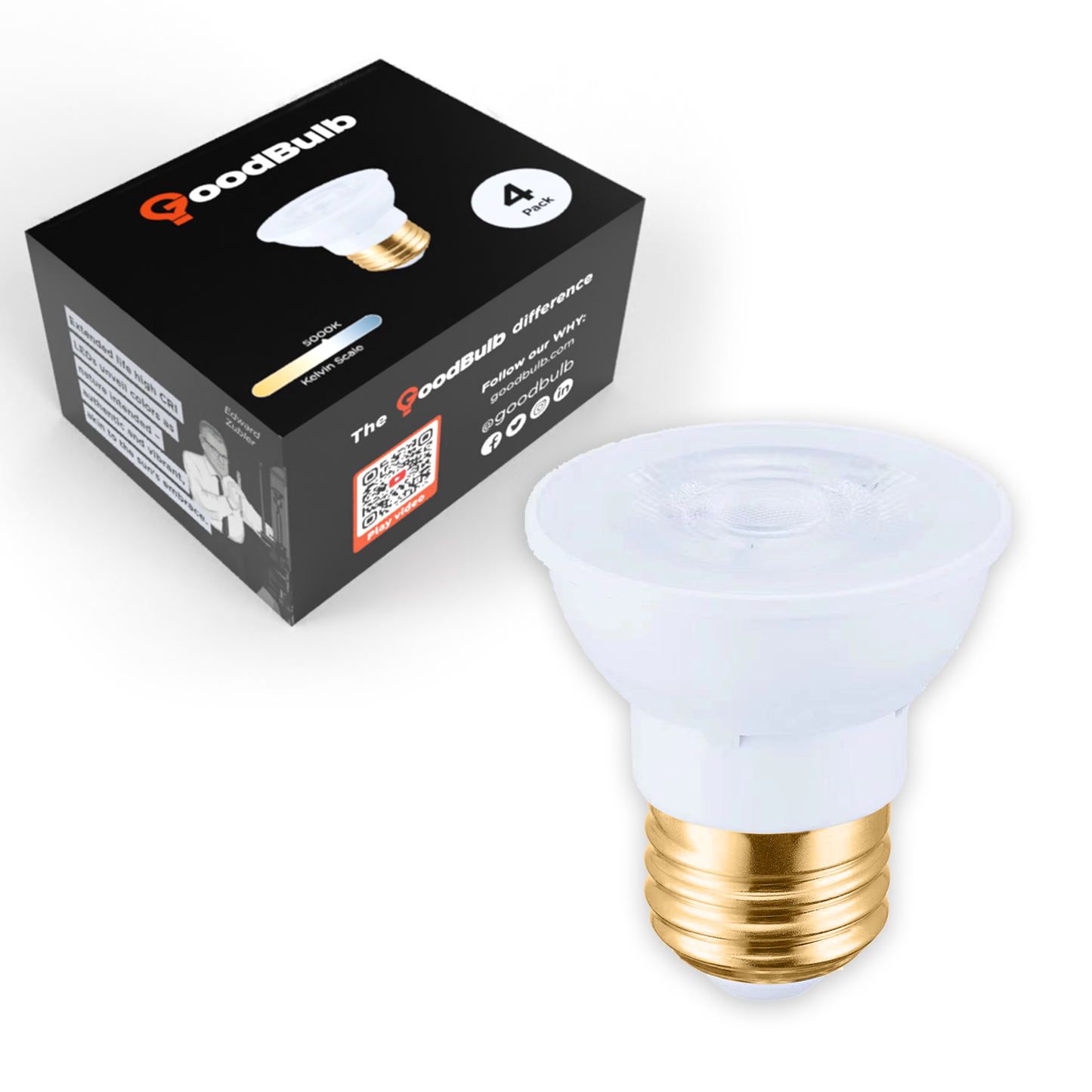 PAR16 LED light bulbs with a clean white 5000K spectrum and can last for 25,000 hours and is dimmable. Showing box in background.