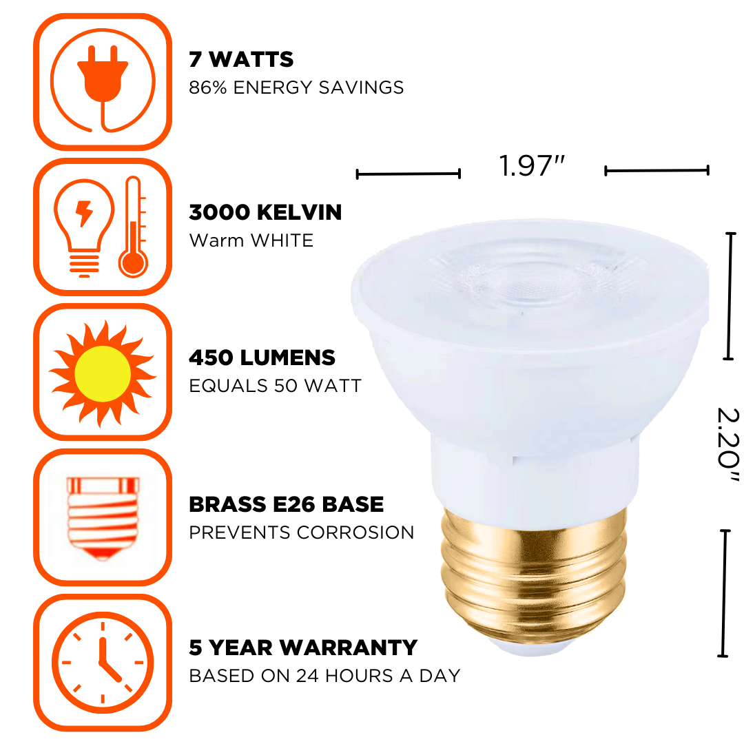 PAR16 LEDs with warm, comfortable spectrum of light with a brass E26 base.