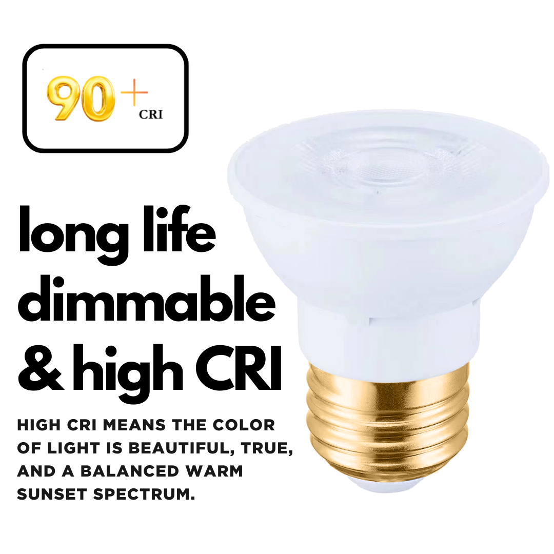 GoodBulb's PAR16 LEDs with warm, comfortable spectrum of light. Can last for 25,000 hours and is dimmable.